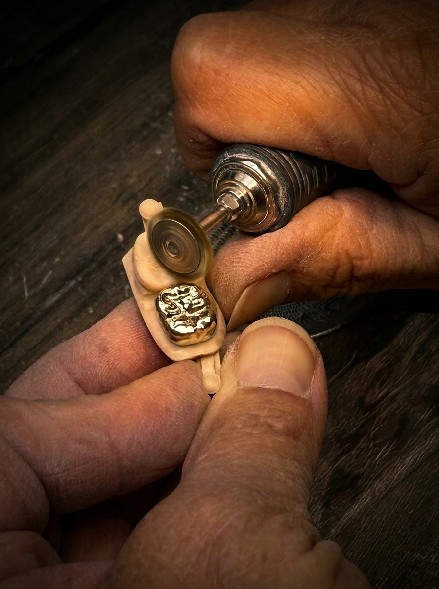 Technician hand-polishing a gold crown with a rotary tool